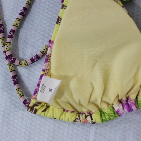BOGO 💛 Yellow Purple Tropical Hibiscus Swimsuit Bikini Size Medium Floral - Picture 6 of 11